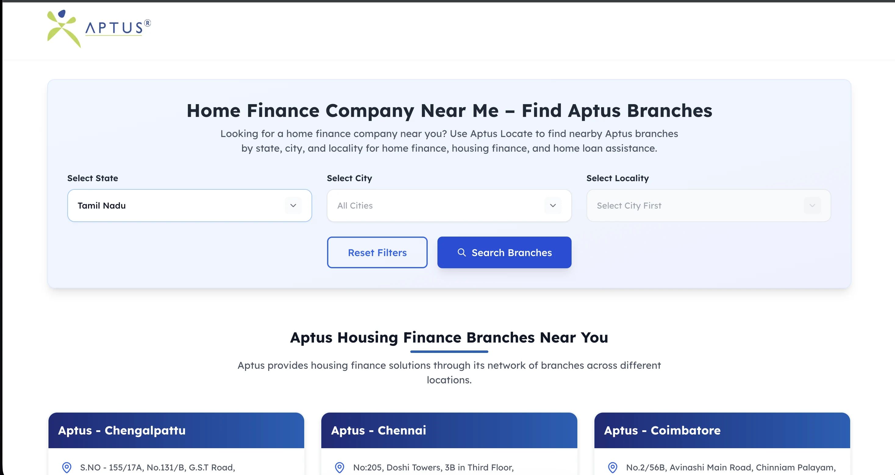Aptus Locate branch search with state, city and locality filters