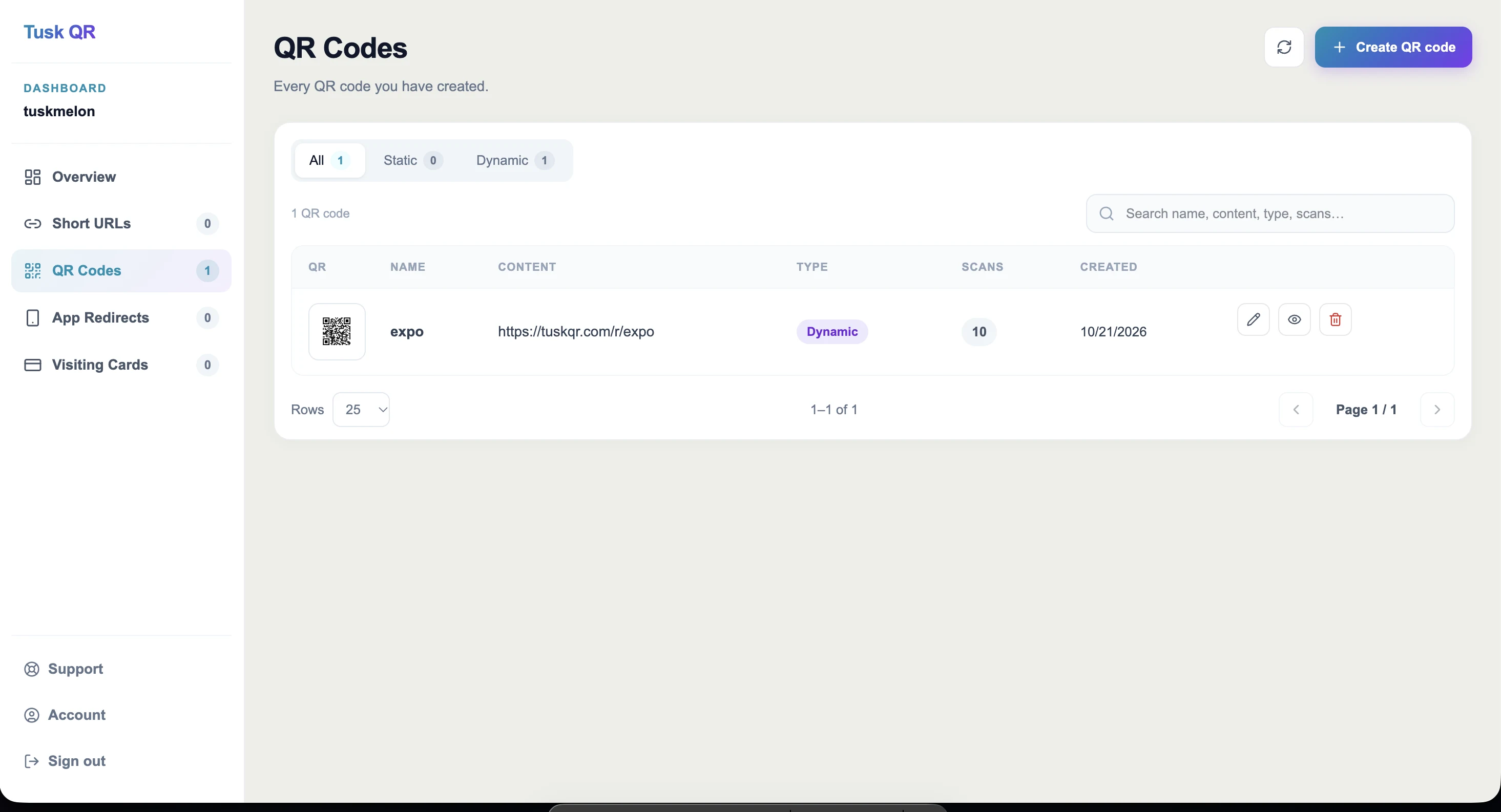 Tusk QR demonstration interface listing a dynamic QR code
