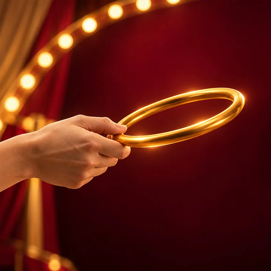 A hand holding a glowing gold ring on a carnival stage