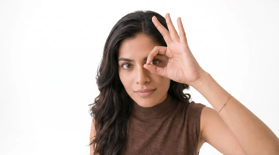 A presenter making an OK sign over one eye