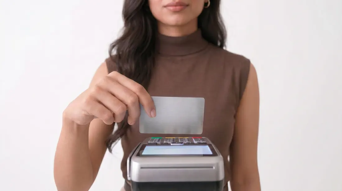The presenter tapping a card on a payment terminal