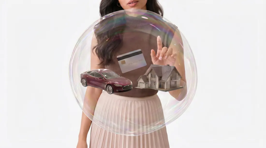The presenter holding a bubble with a car, a card and a house