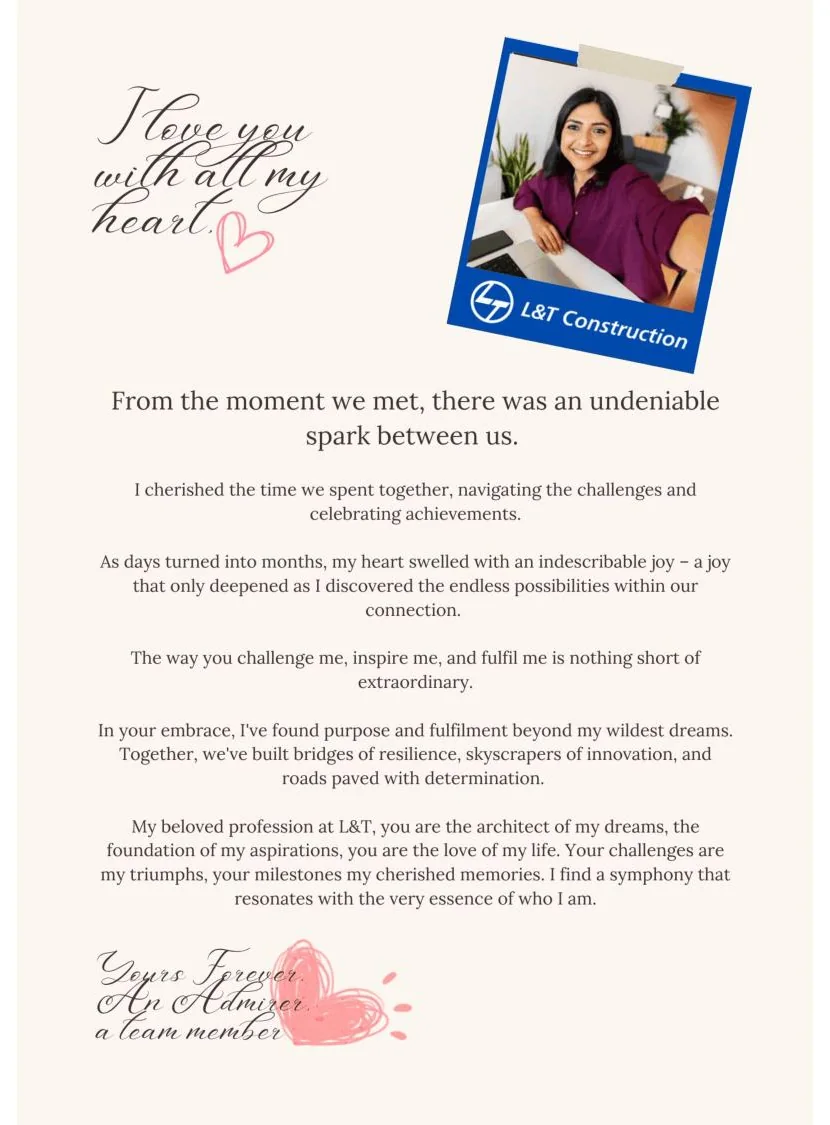 An anonymous love letter titled I love you with all my heart, from a team member to their profession at L&T