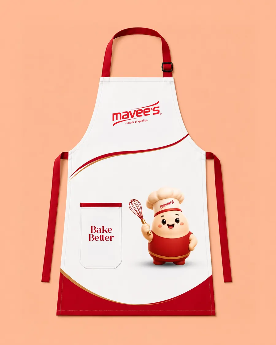 Branded Mavee’s apron featuring the mascot