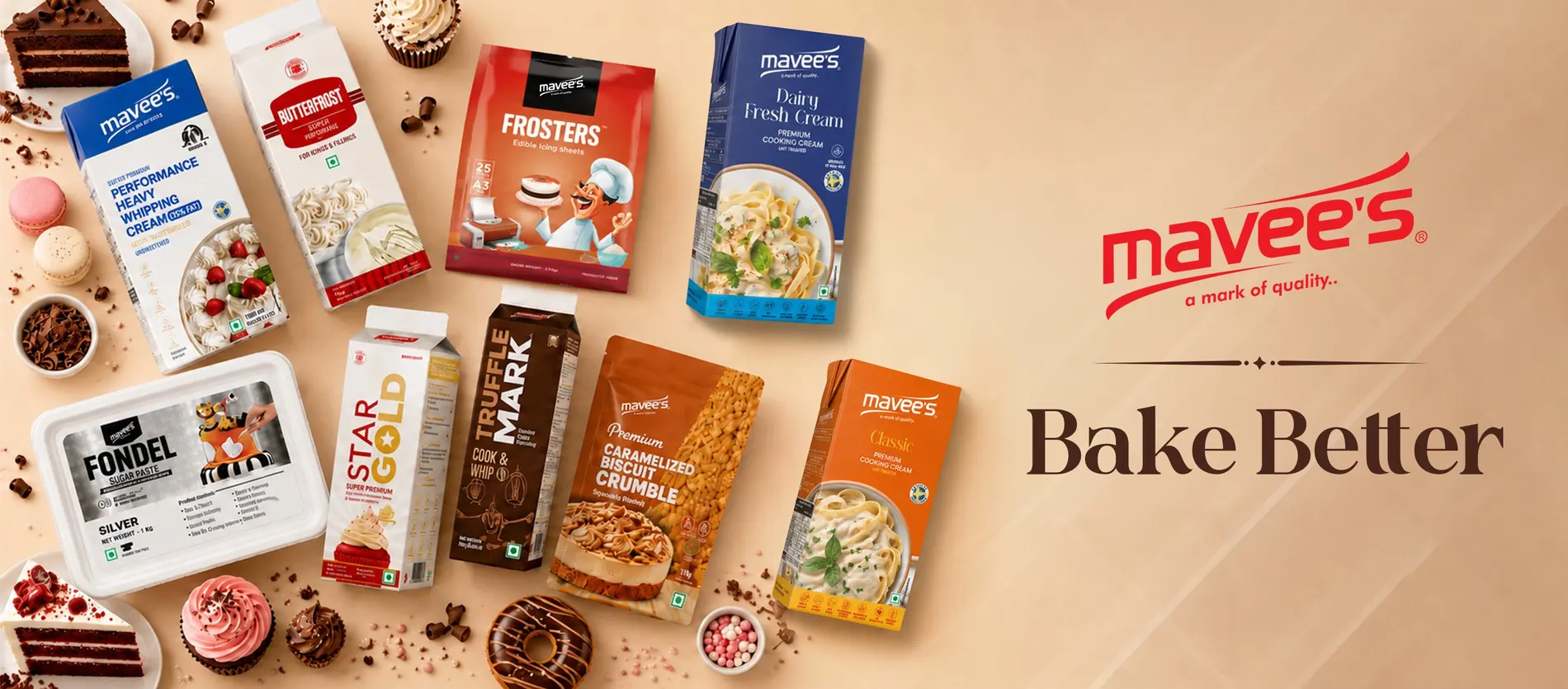 Mavee’s product range laid out with desserts: Bake Better