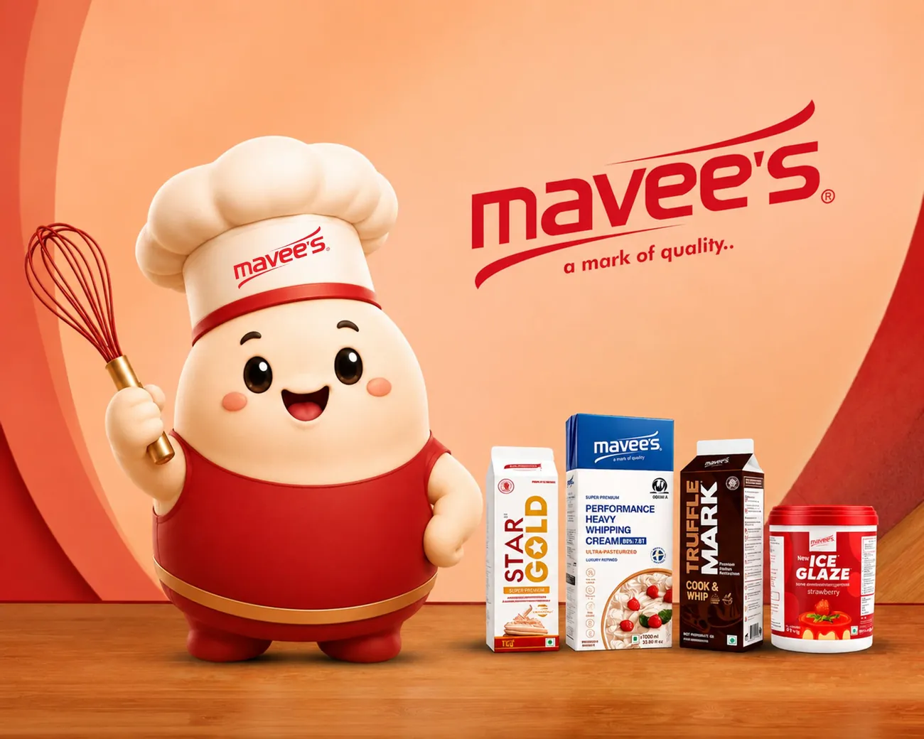 The Mavee’s chef mascot with the product range