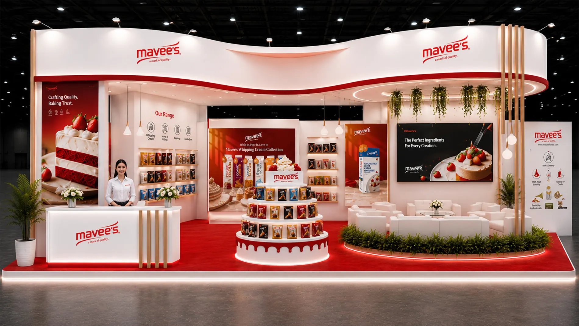 Mavee’s exhibition stall with product displays and a lounge
