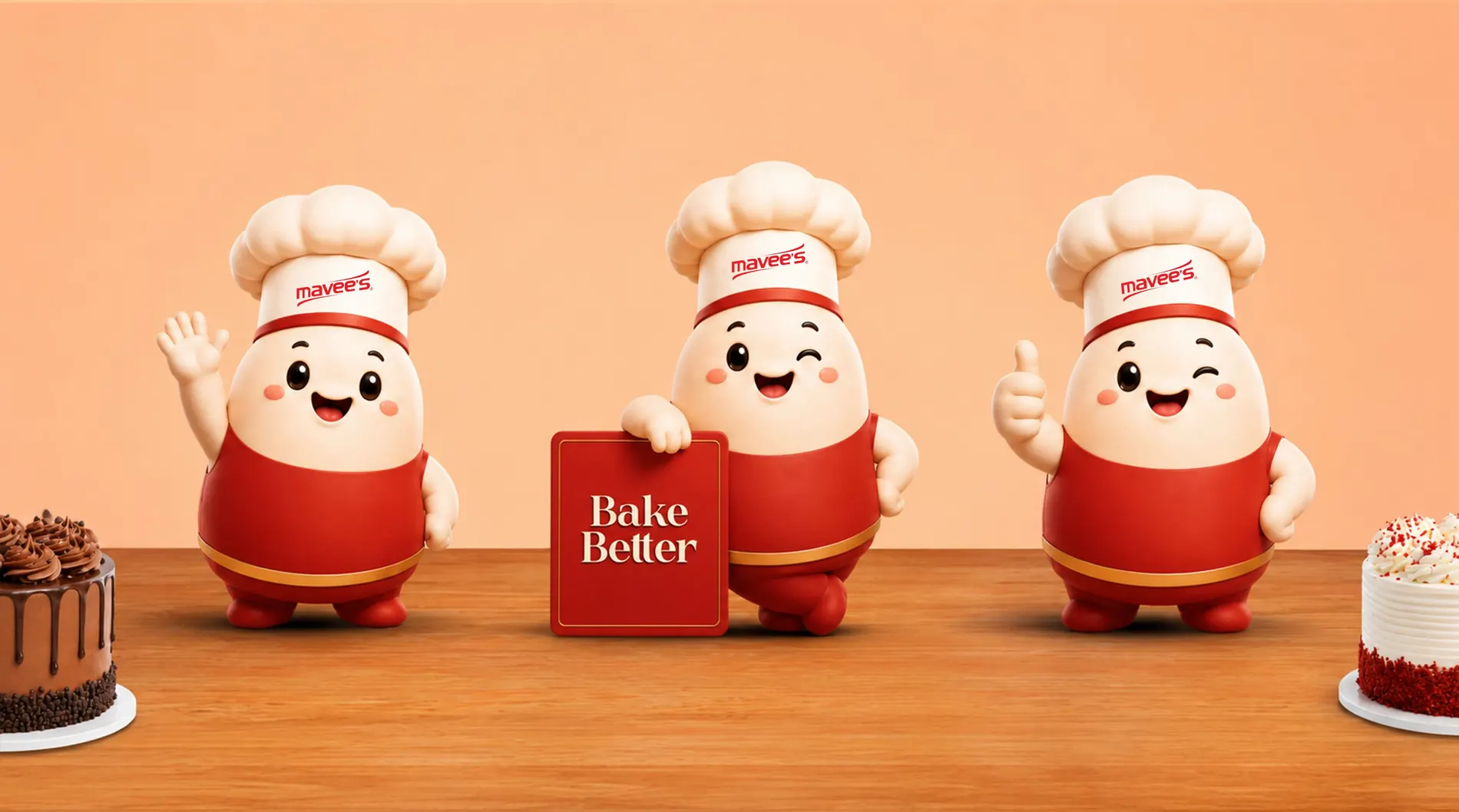 Three Mavee’s mascots with cakes and a Bake Better sign