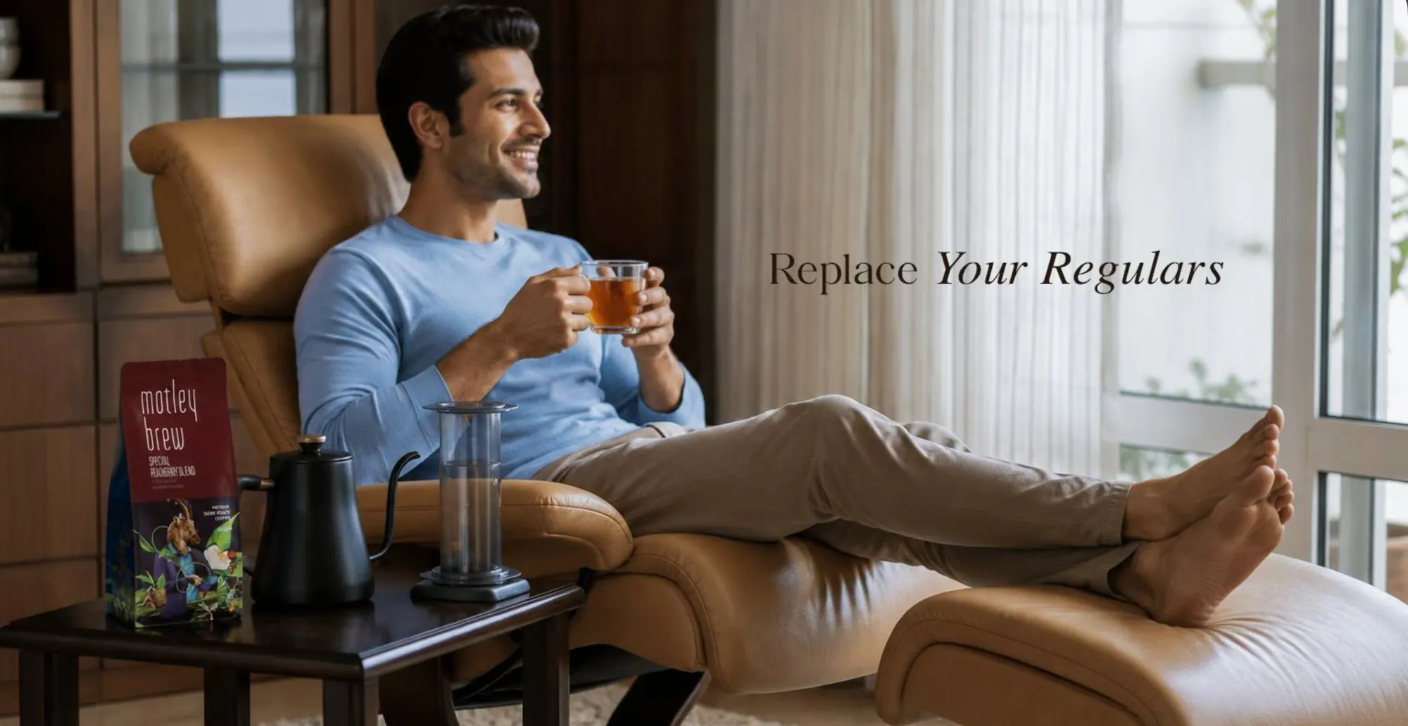 Replace Your Regulars: a man relaxing in a lounge chair with tea