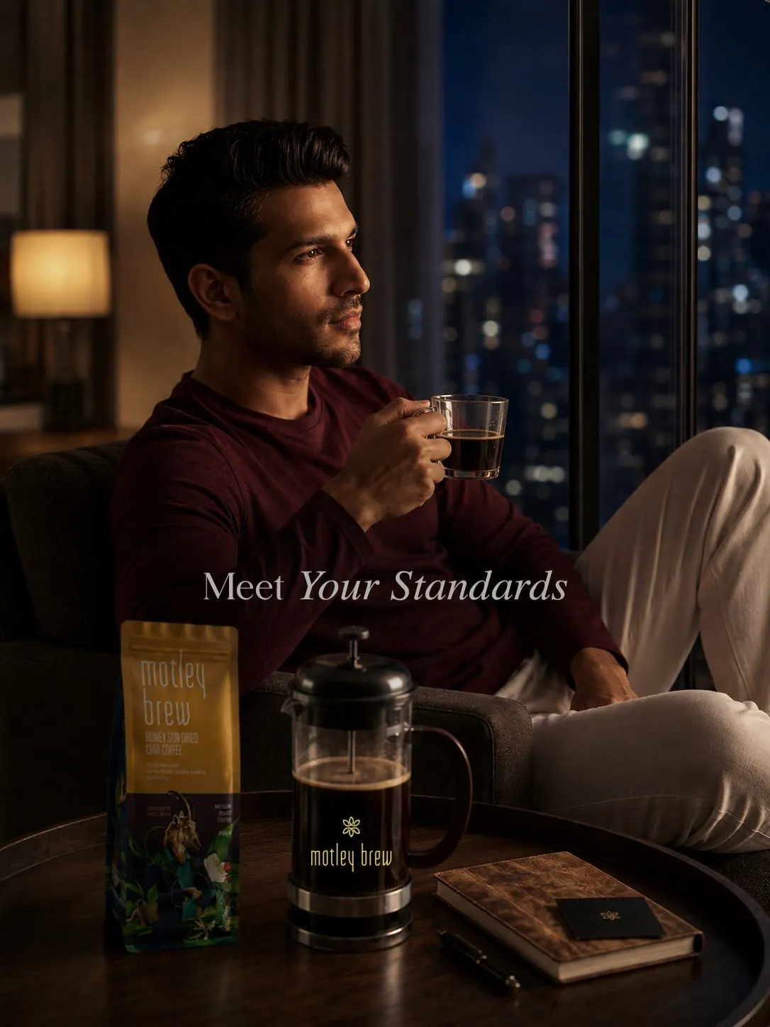 Meet Your Standards: a man with tea and a French press at night