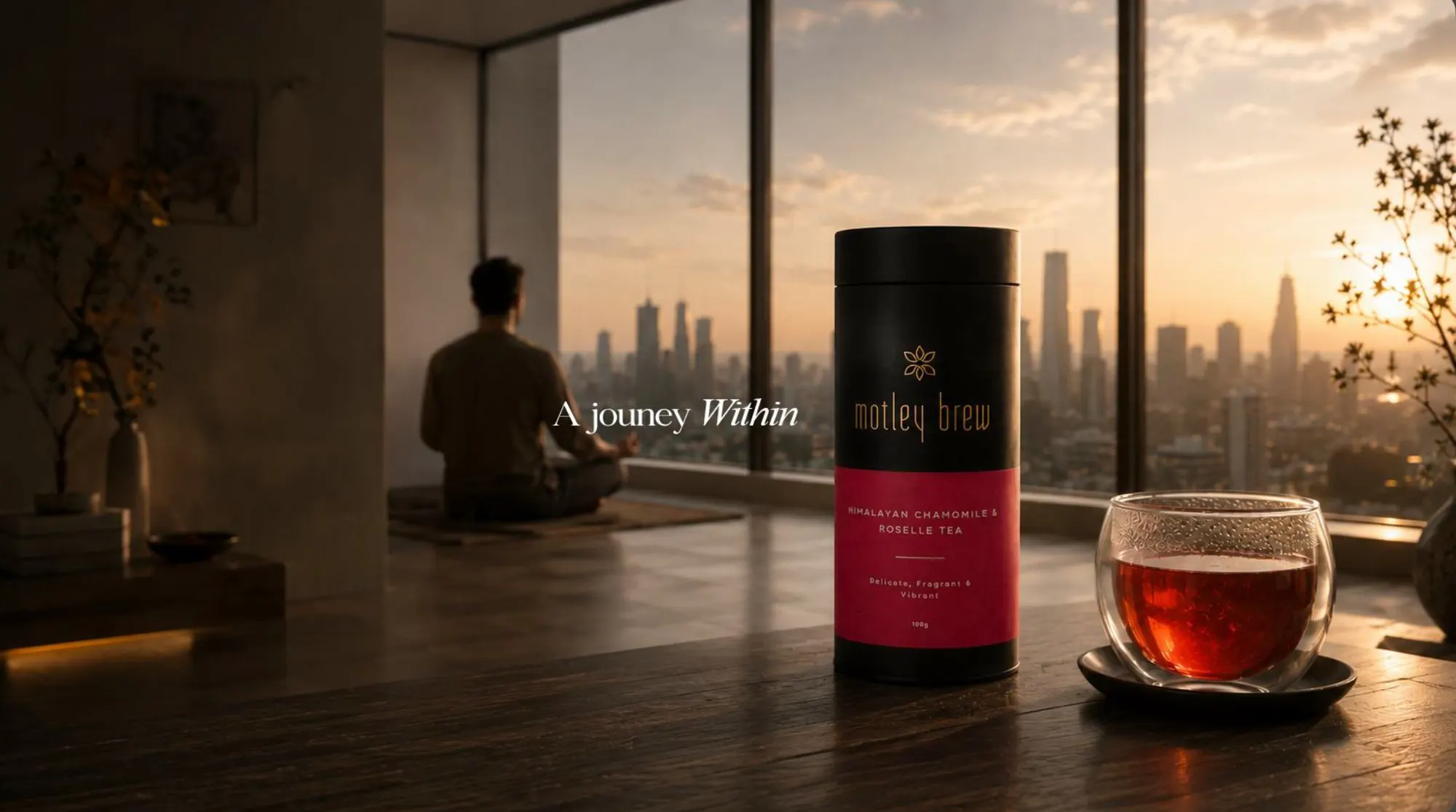A Journey Within: a man meditating at sunset beside a Motley Brew tin