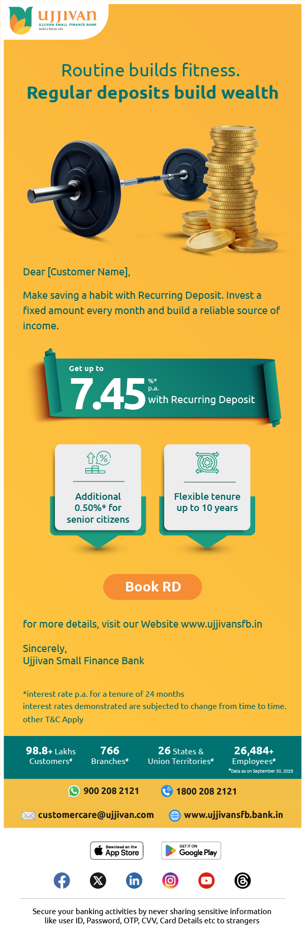 Recurring Deposit cross-sell mailer showing a fitness analogy, product details and Book RD action