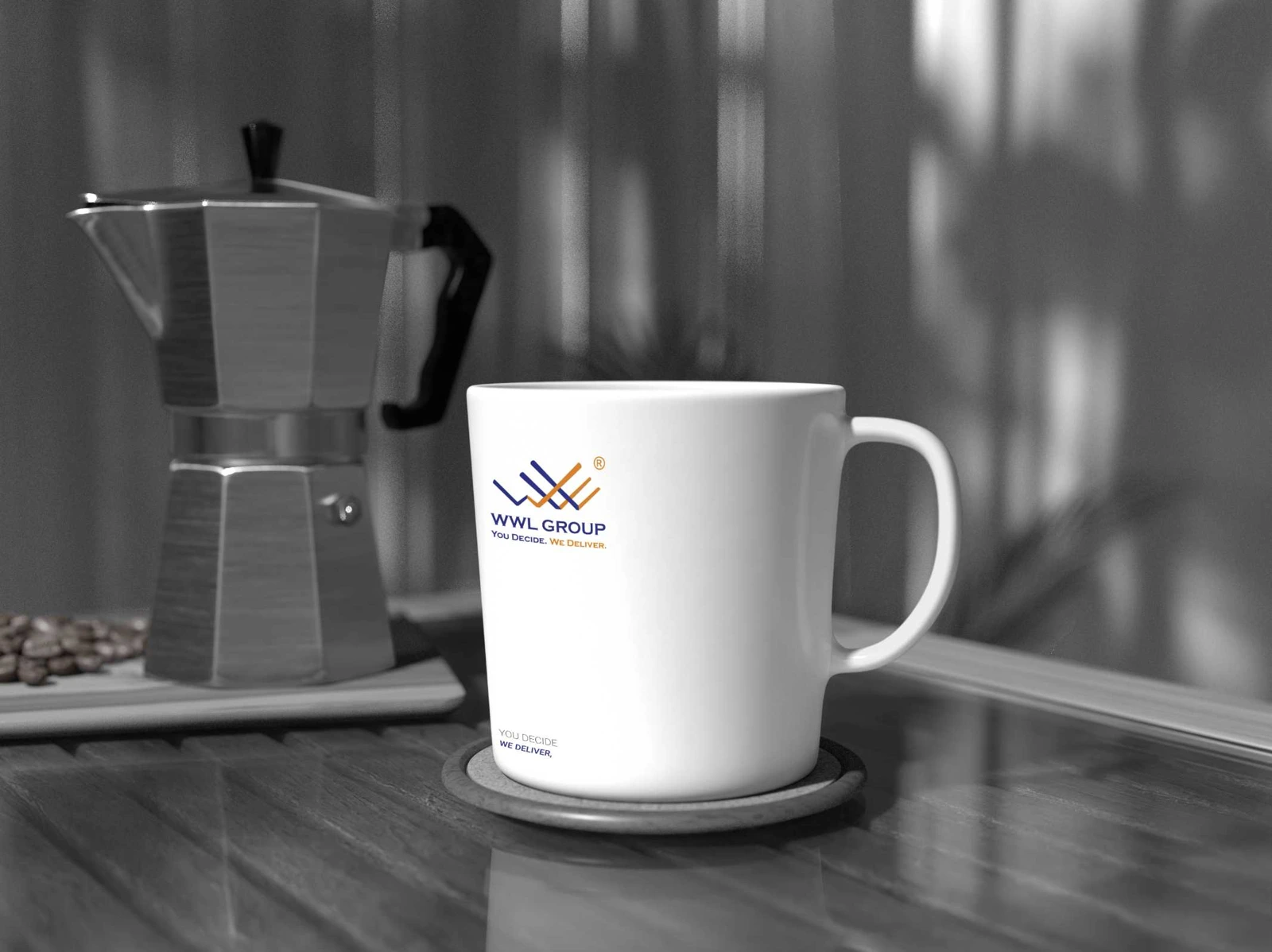 WWL GROUP white coffee mug design mockup